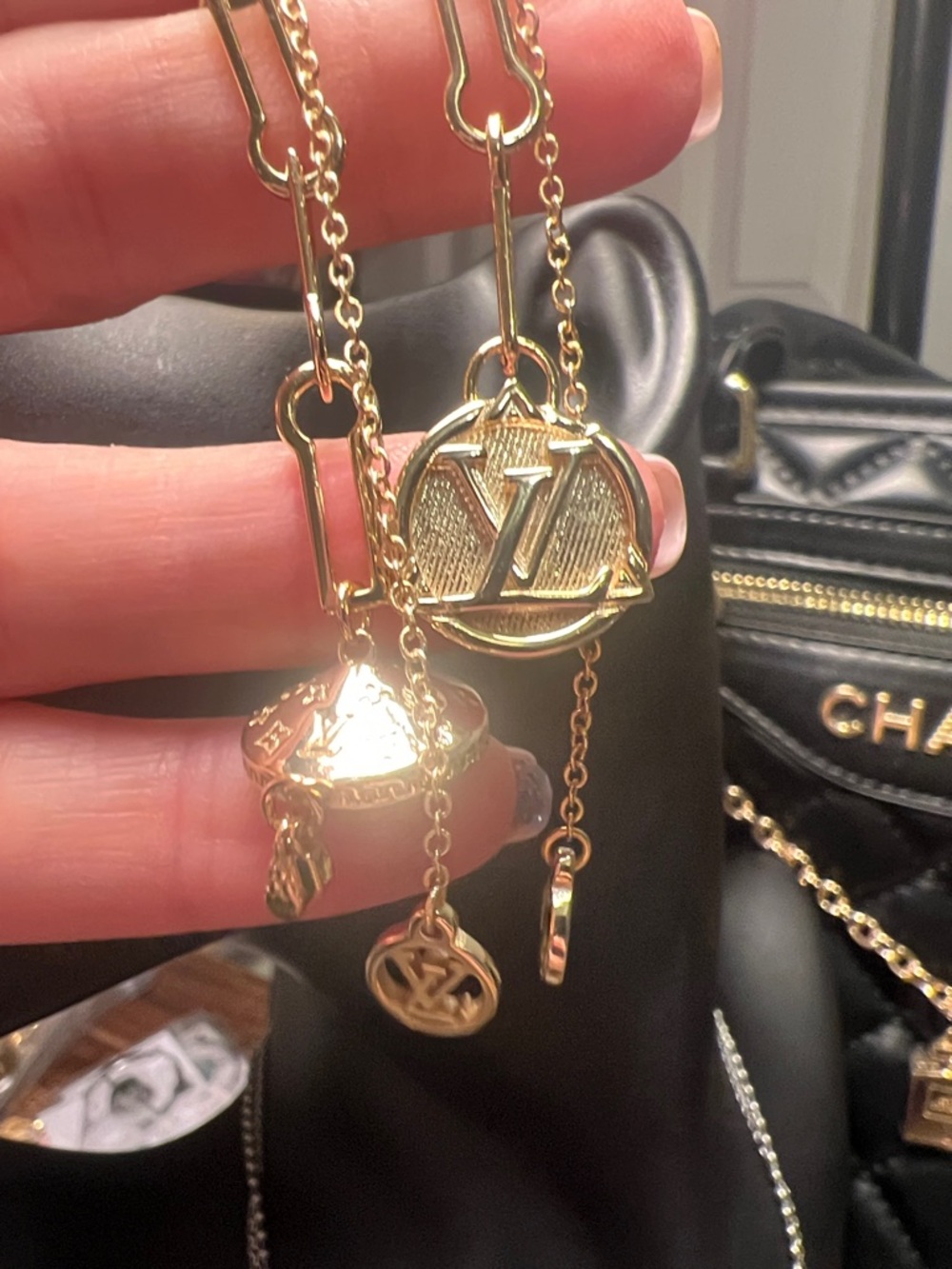 Gold Tone Engraved Dome Charm Necklace with Logo Disc - Picture 7 of 11